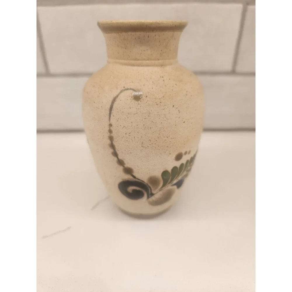 Vintage Mexican Pottery Small Handpainted Floral Rustic Mexico Vase 4 3/4‎ Tall
